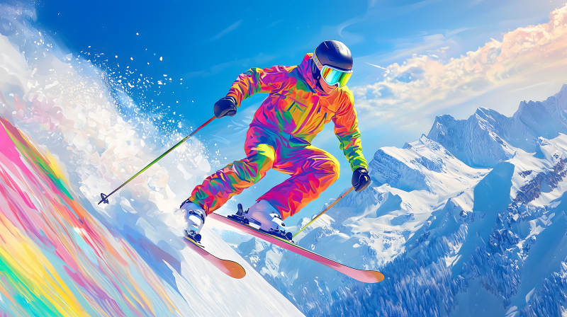 雪山飞驰的滑雪少年图片