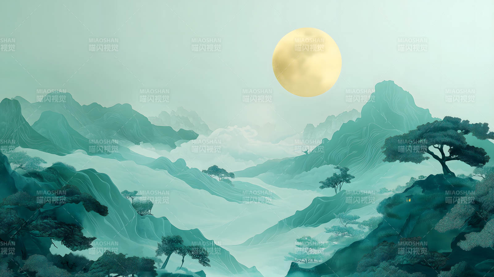 山间明月夜水墨山河月色图片