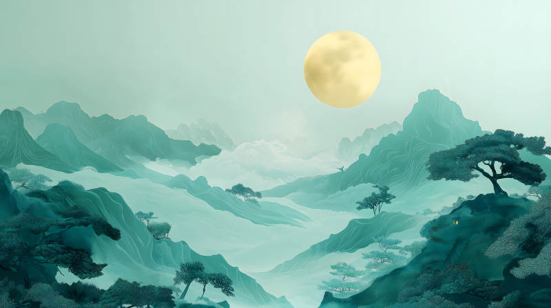 山间明月夜水墨山河月色图片