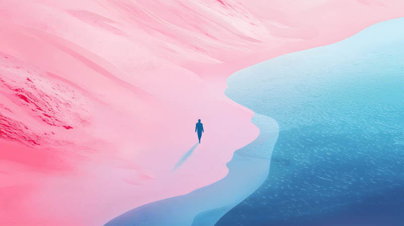 粉色沙丘的孤独旅人图片