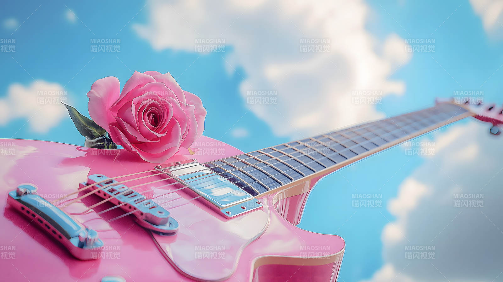 粉色吉他与玫瑰的浪漫图片