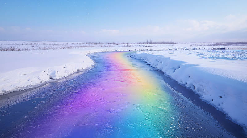 极光下的雪山彩虹河图片