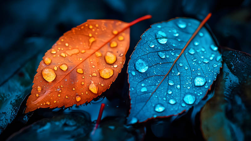 双色叶片上的水珠图片
