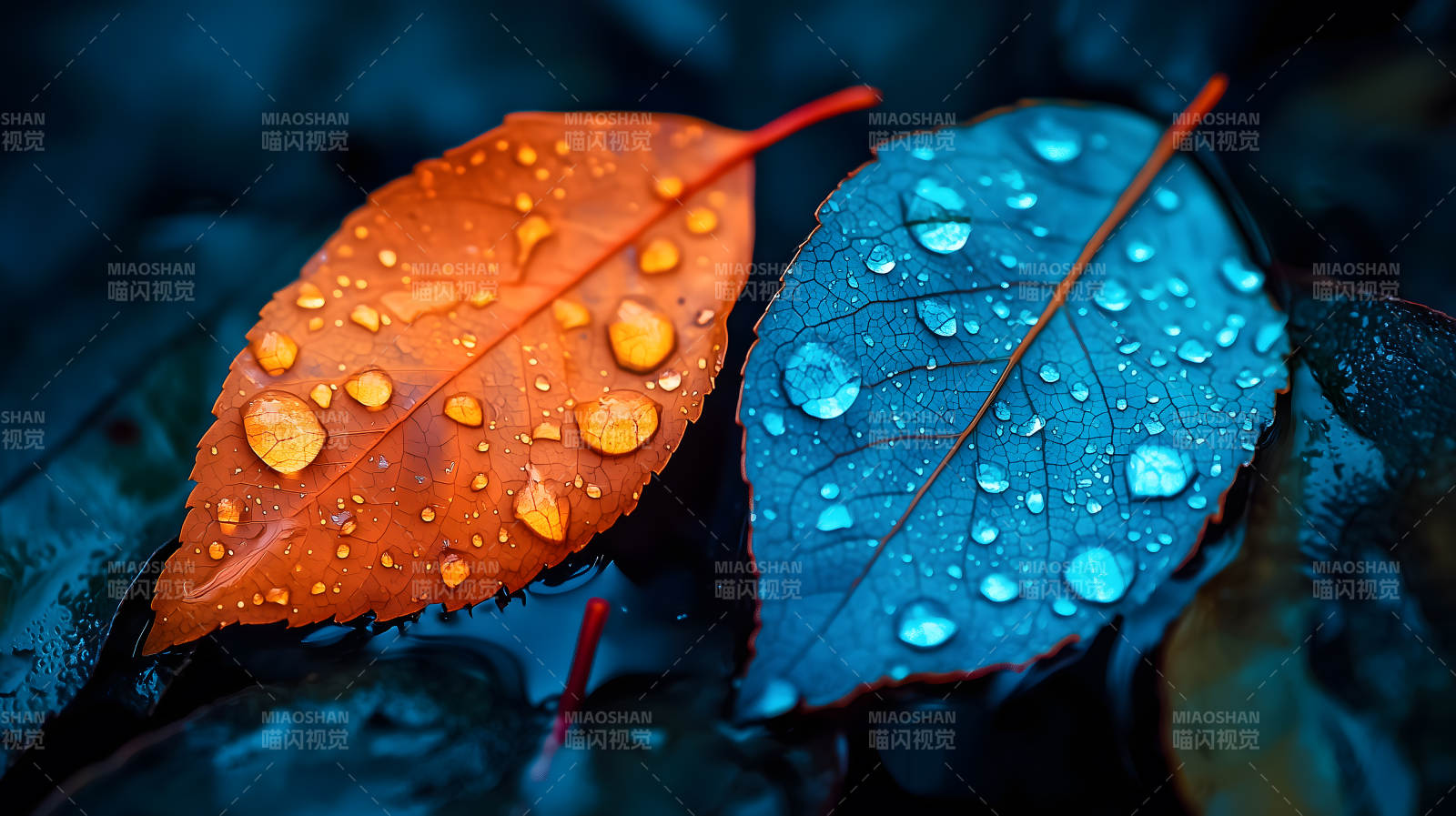 双色叶片上的水珠图片