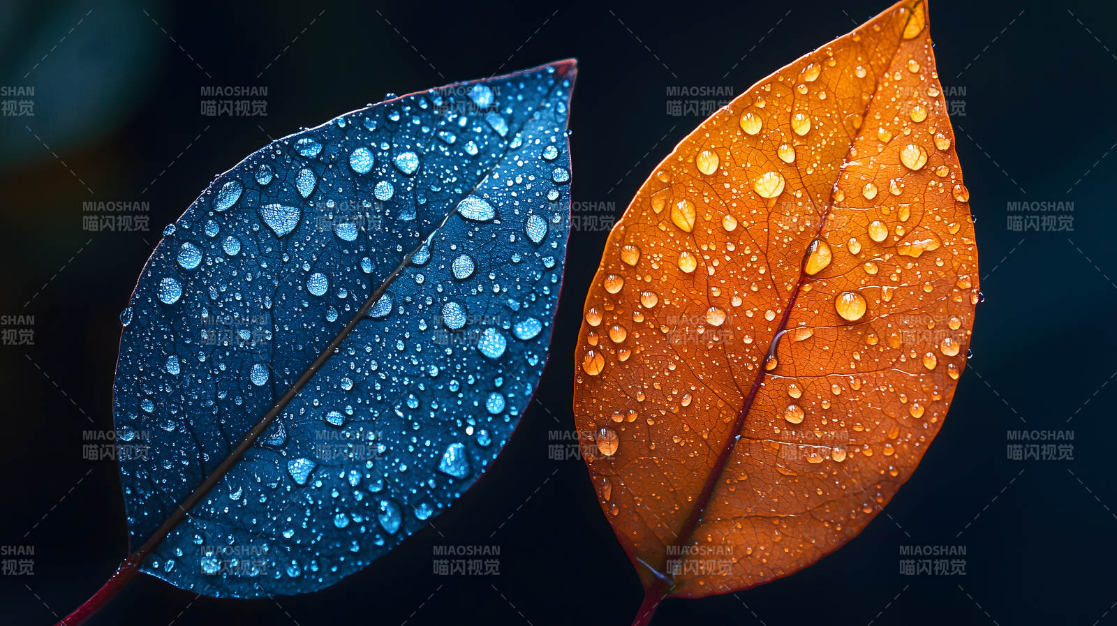 双色叶片上的水珠图片