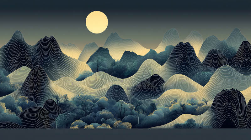 山间明月夜水墨山河月色图片