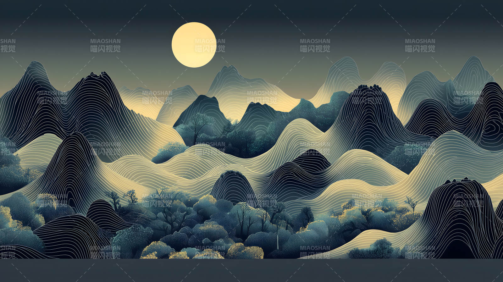 山间明月夜水墨山河月色图片