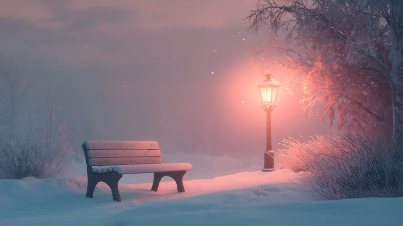 雪夜路灯下的长椅图片