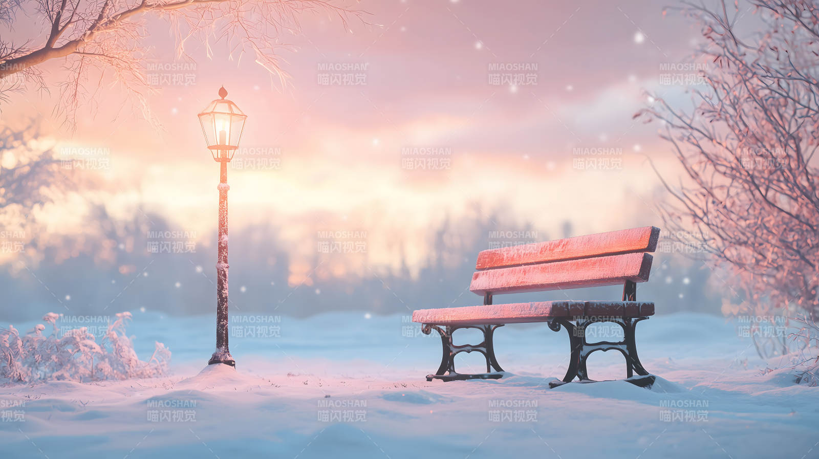 雪夜路灯下的长椅图片