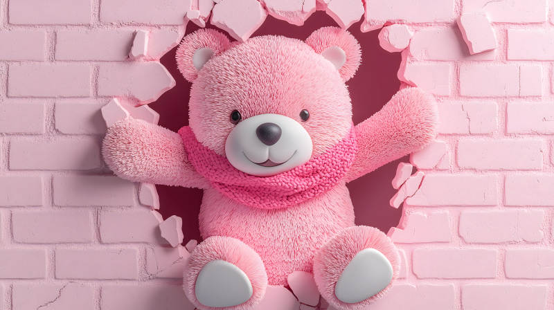 粉色泰迪熊破墙而出图片