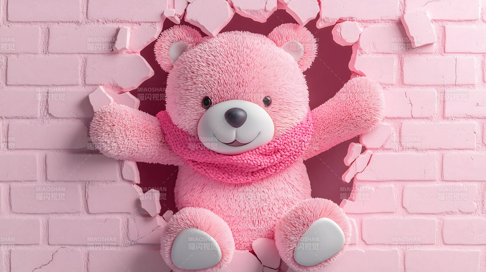 粉色泰迪熊破墙而出图片