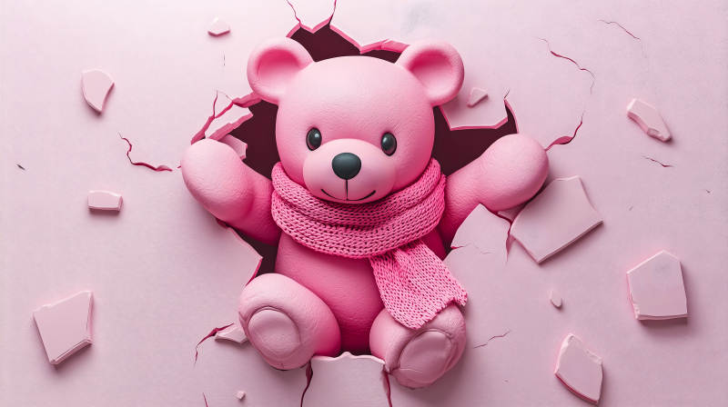 粉色泰迪熊破墙而出图片