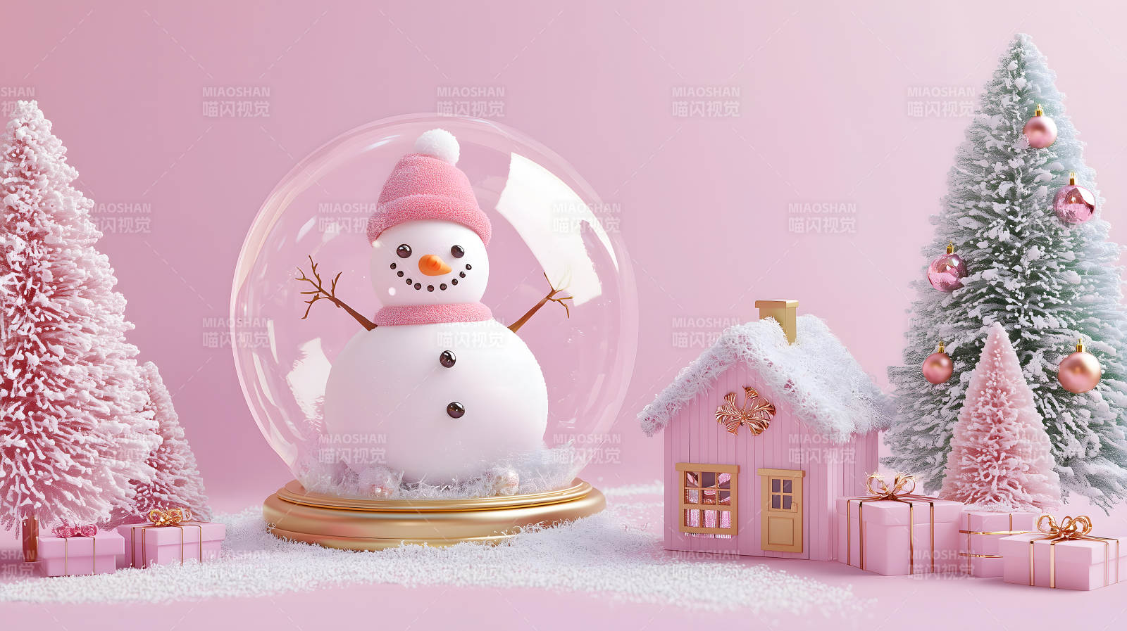 粉色梦幻圣诞雪景图片