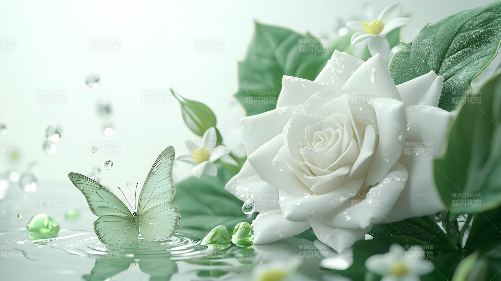 白玫瑰与绿蝶的轻舞图片