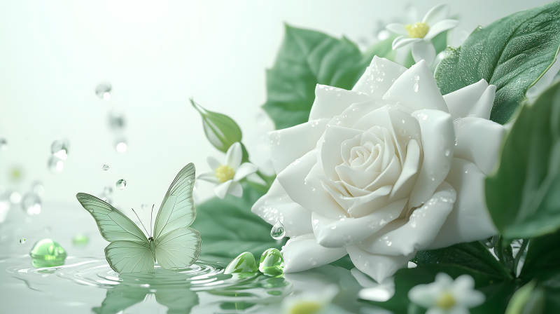 白玫瑰与绿蝶的轻舞图片