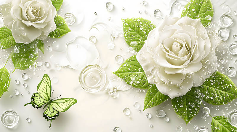 白玫瑰与绿蝶的轻舞图片