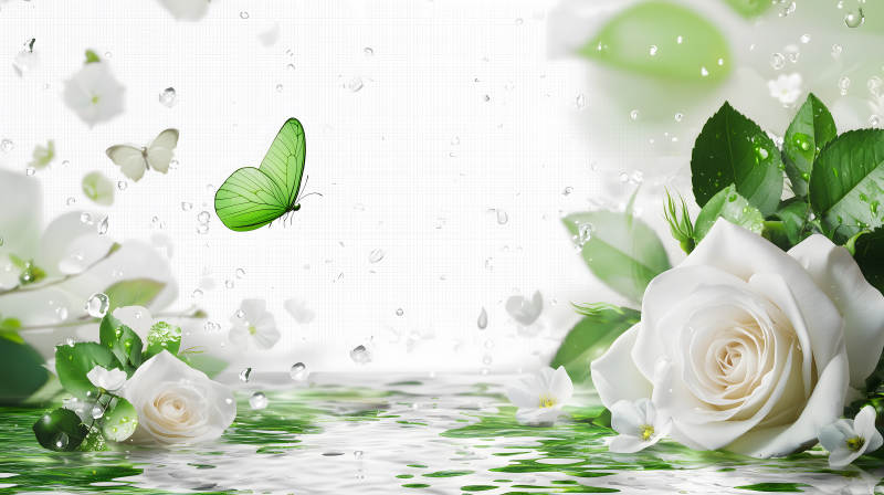 白玫瑰与绿蝶的轻舞图片