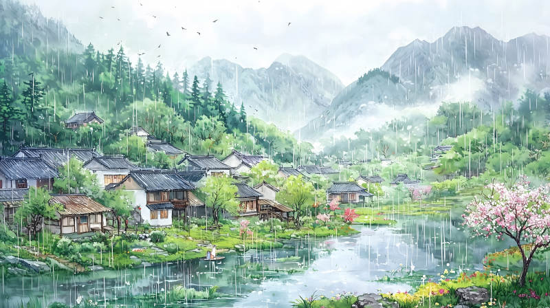 雨季村庄的宁静诗意图片
