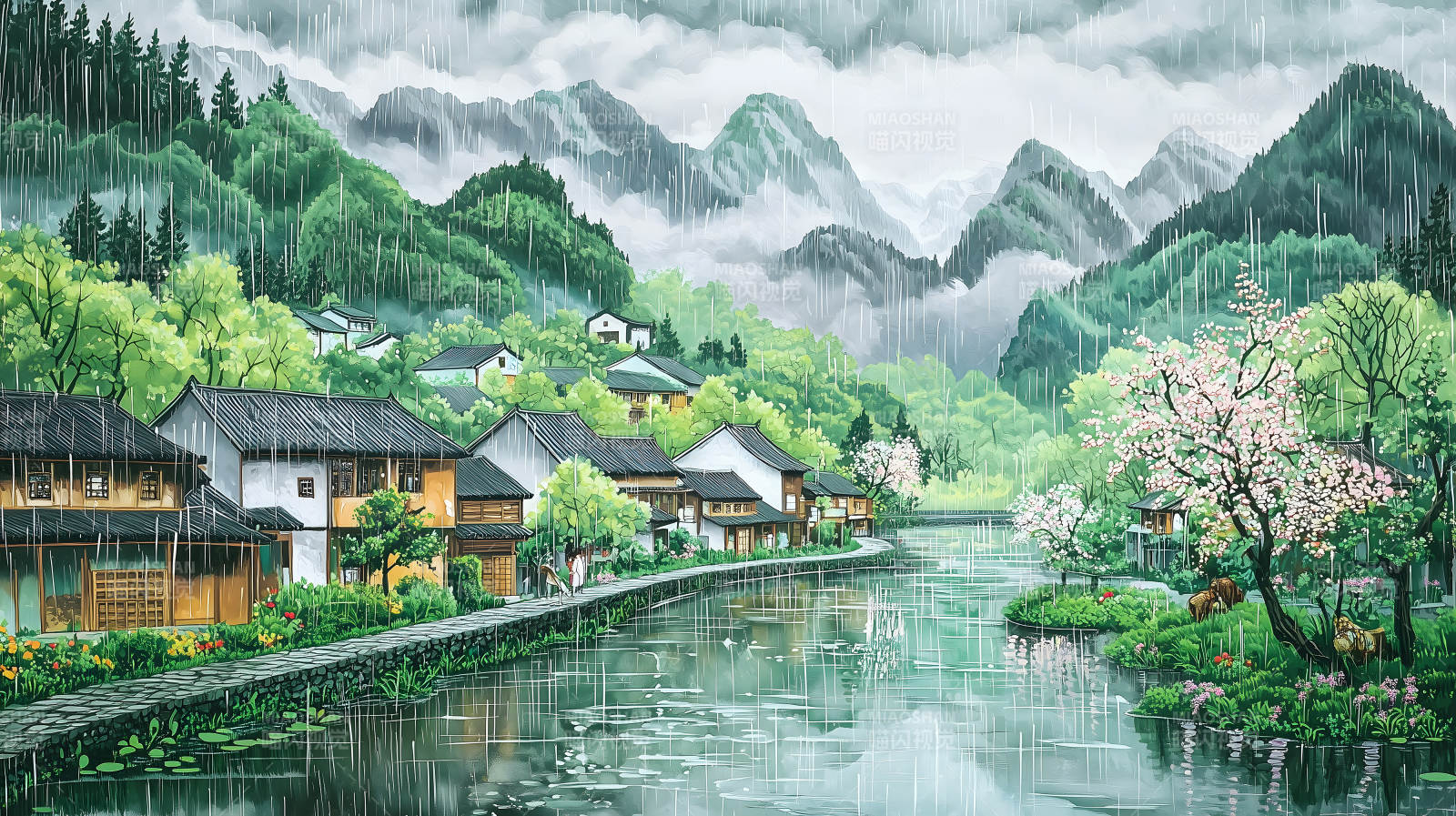 雨季村庄的宁静诗意图片