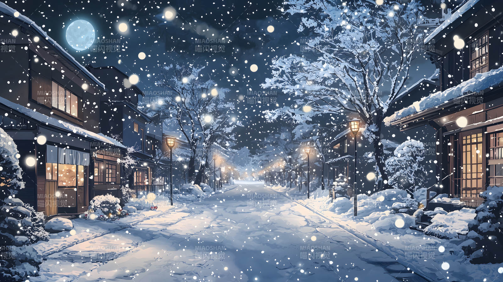 雪夜小镇的温暖灯光图片