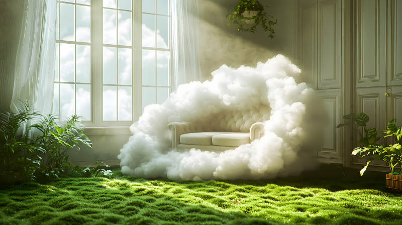 梦幻云雾中的复古沙发图片