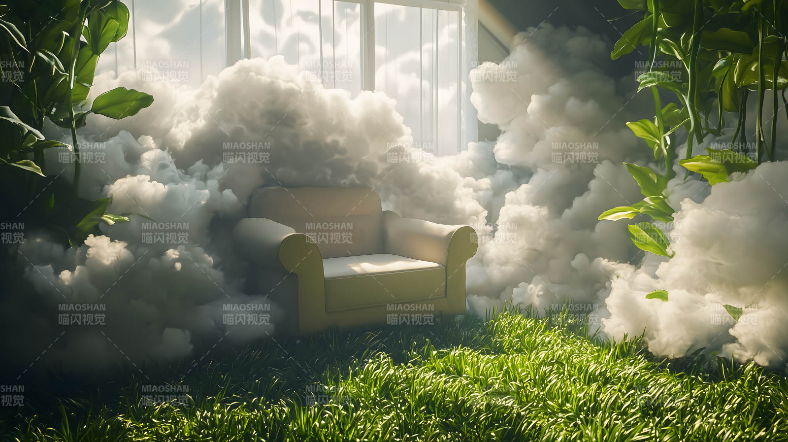 梦幻云雾中的复古沙发图片