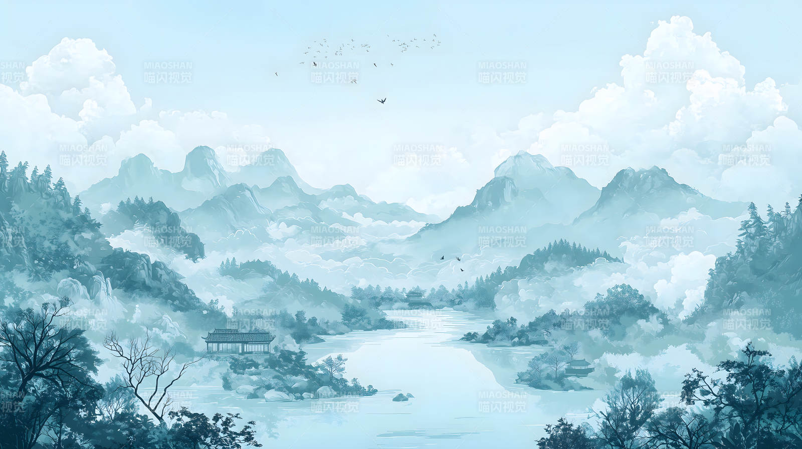 水墨山水间的宁静致远图片