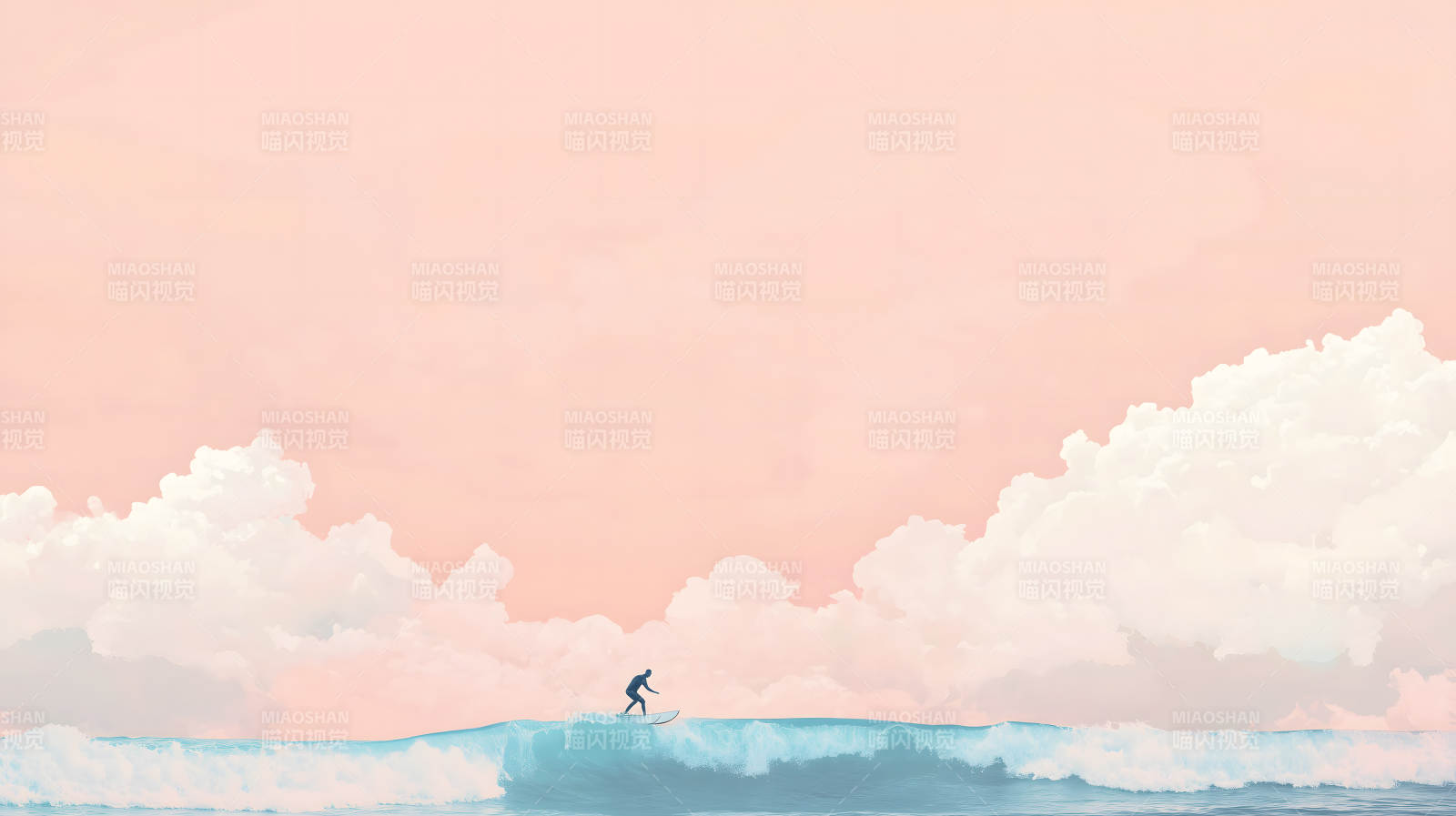 粉色天空下的逐浪剪影图片