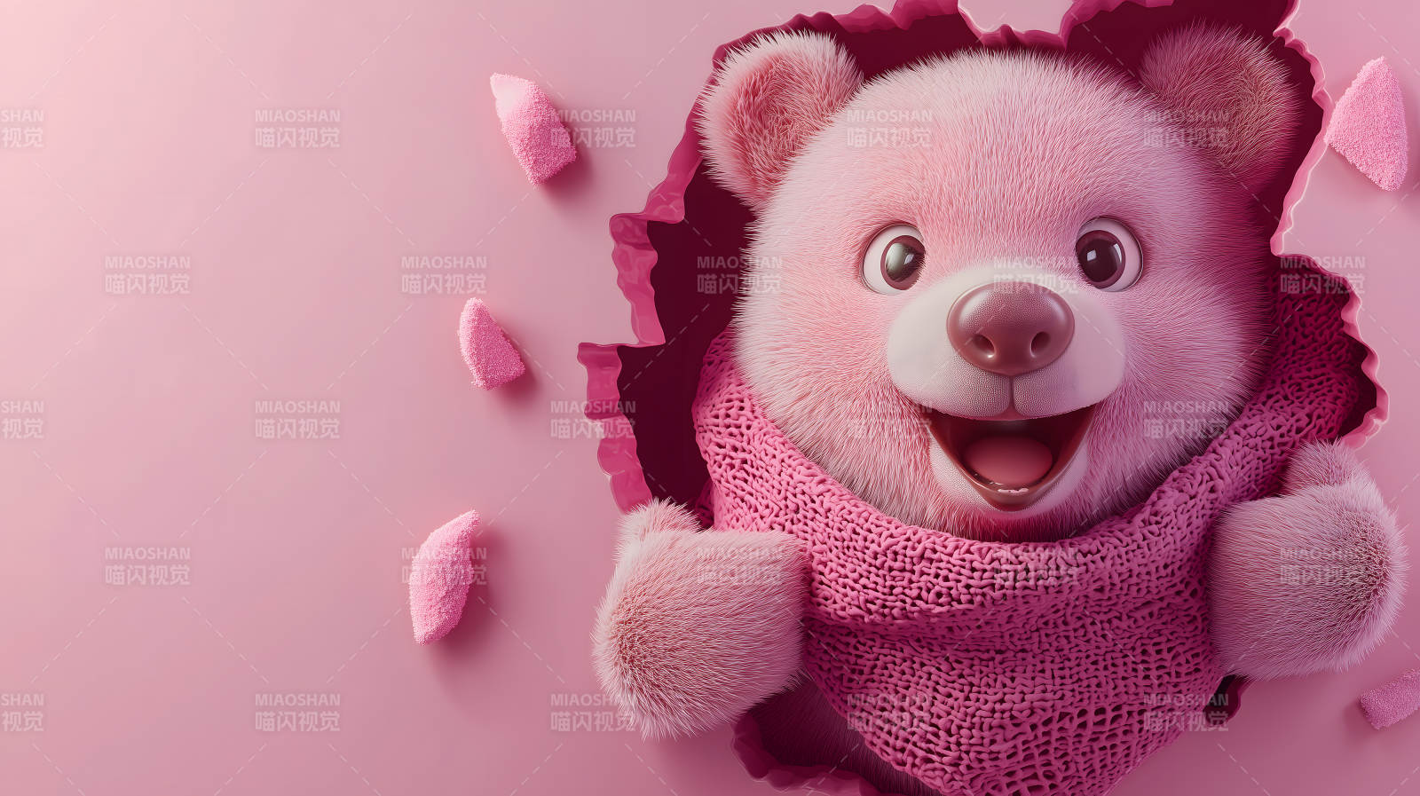 粉色泰迪熊破墙而出图片