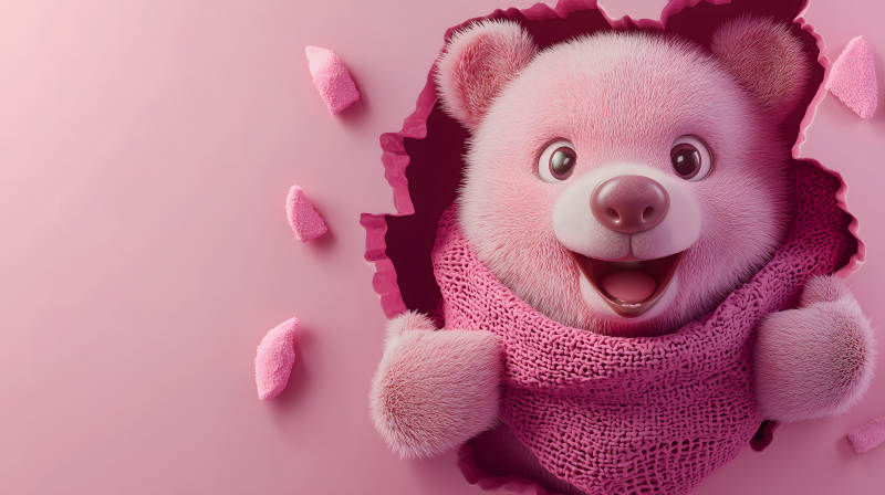 粉色泰迪熊破墙而出图片