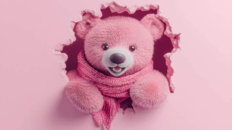 粉色泰迪熊破墙而出图片