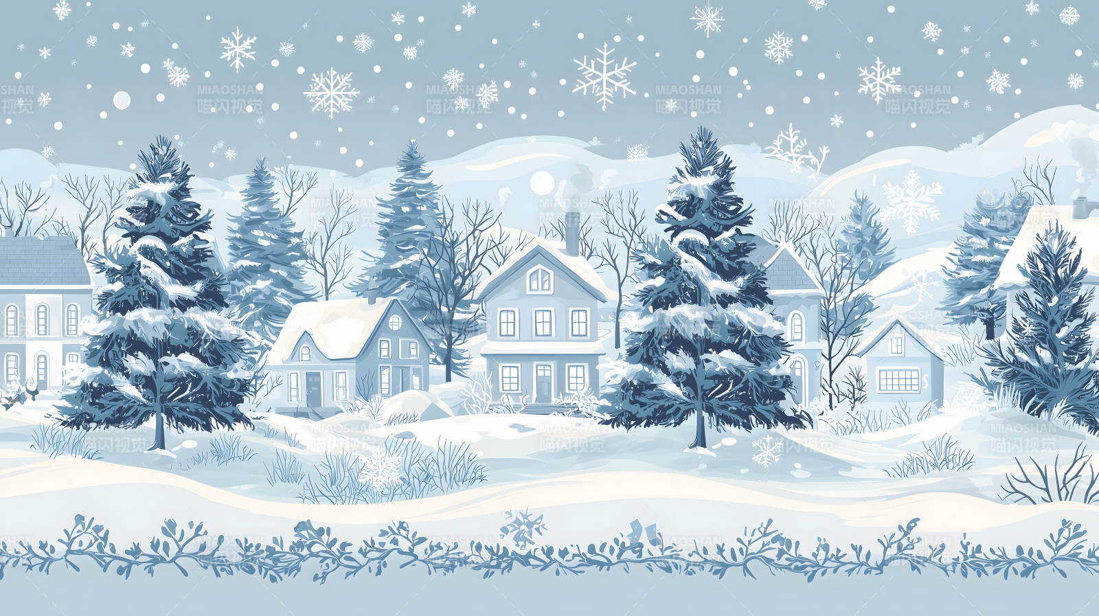 冬日雪夜的宁静村庄图片