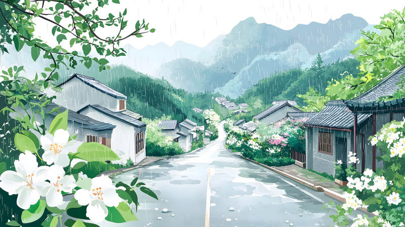雨季村庄的宁静诗意图片