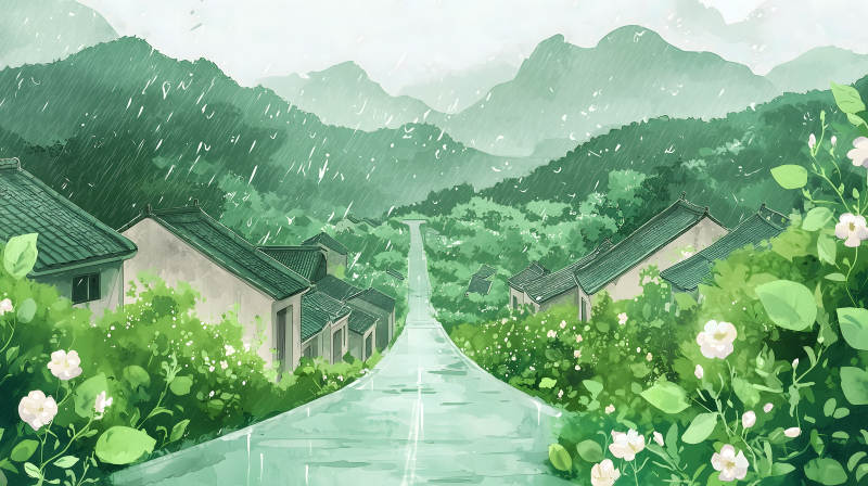 雨季村庄的宁静诗意图片