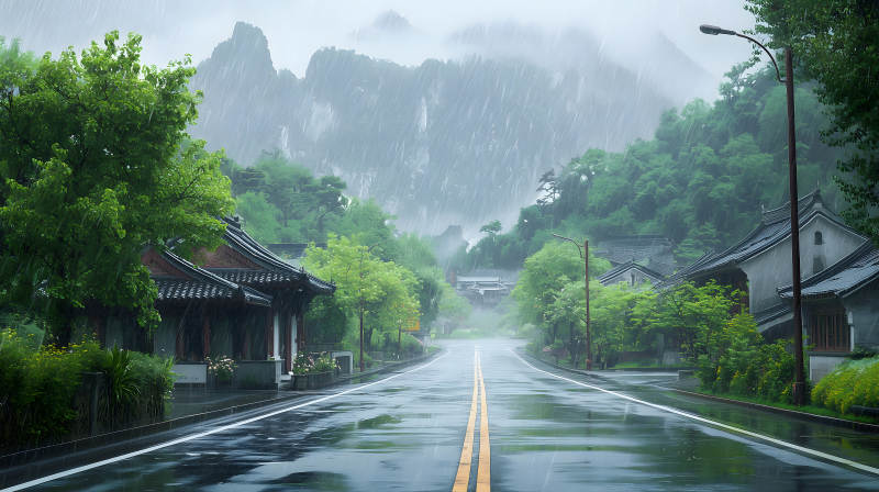 雨季村庄的宁静诗意图片