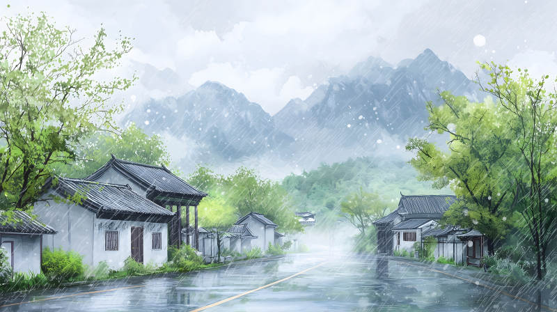 雨季村庄的宁静诗意图片