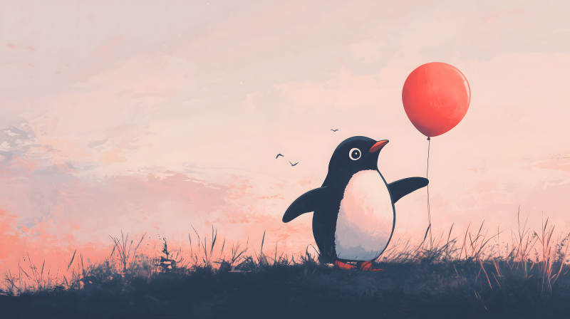 气球与企鹅的梦幻旅程图片