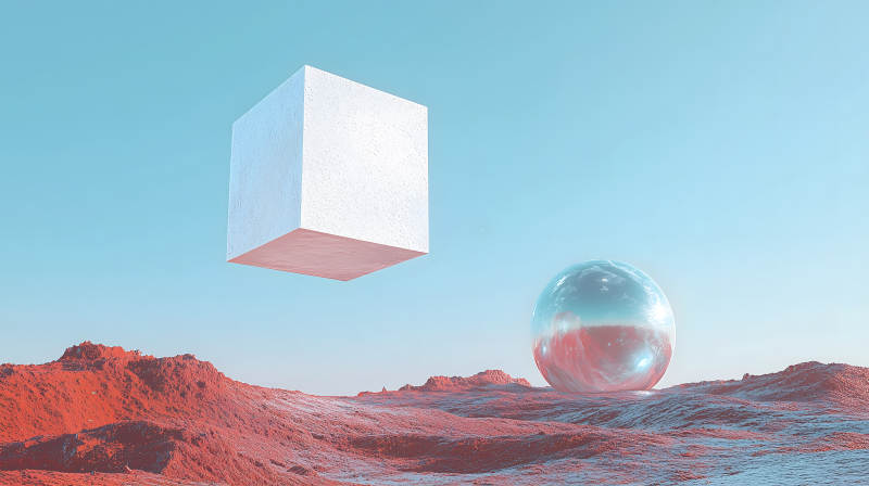 漂浮的立方体与晶莹球体图片