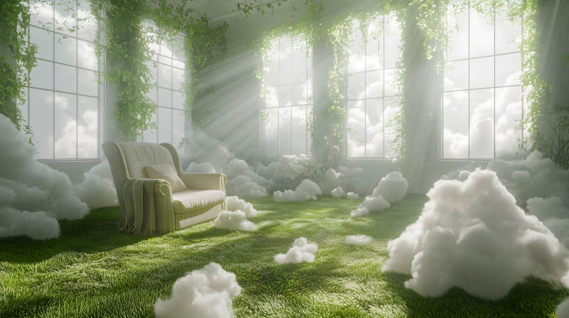 梦幻云雾中的复古沙发图片