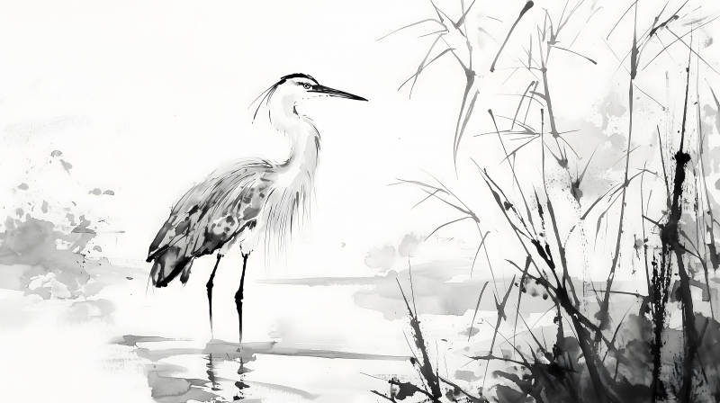水墨鹭影诗意栖居图片