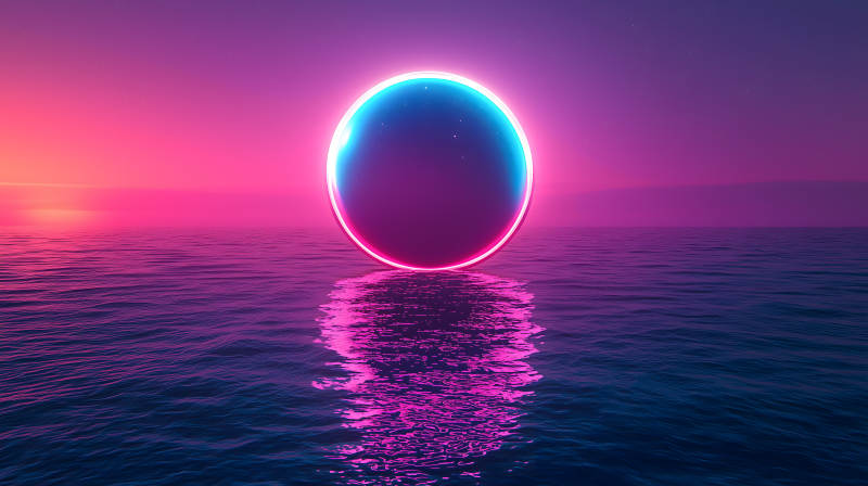 霓虹光环下的海面图片