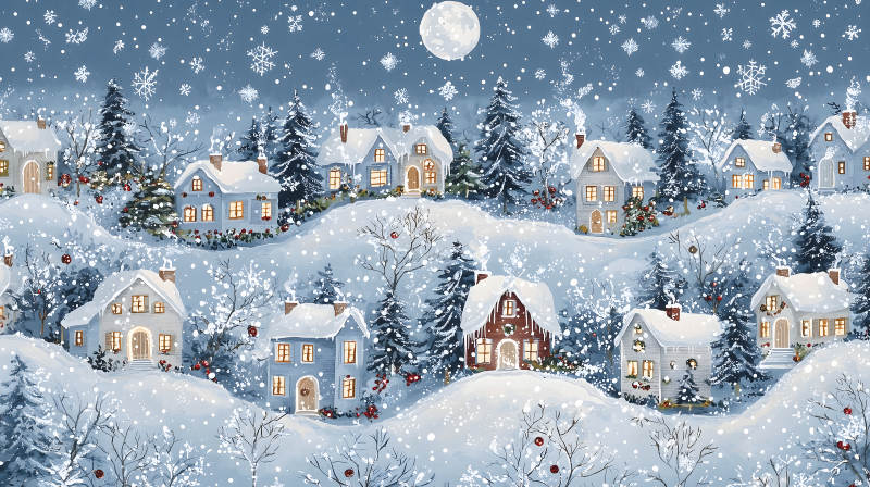 冬日雪夜的宁静村庄图片