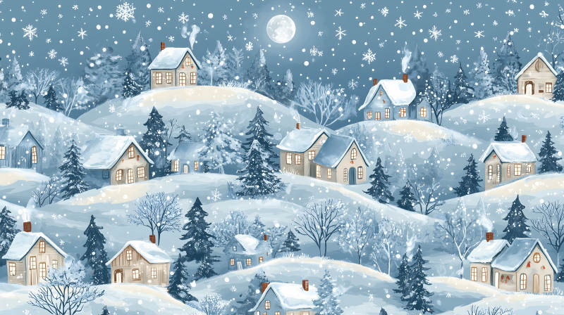 冬日雪夜的宁静村庄图片