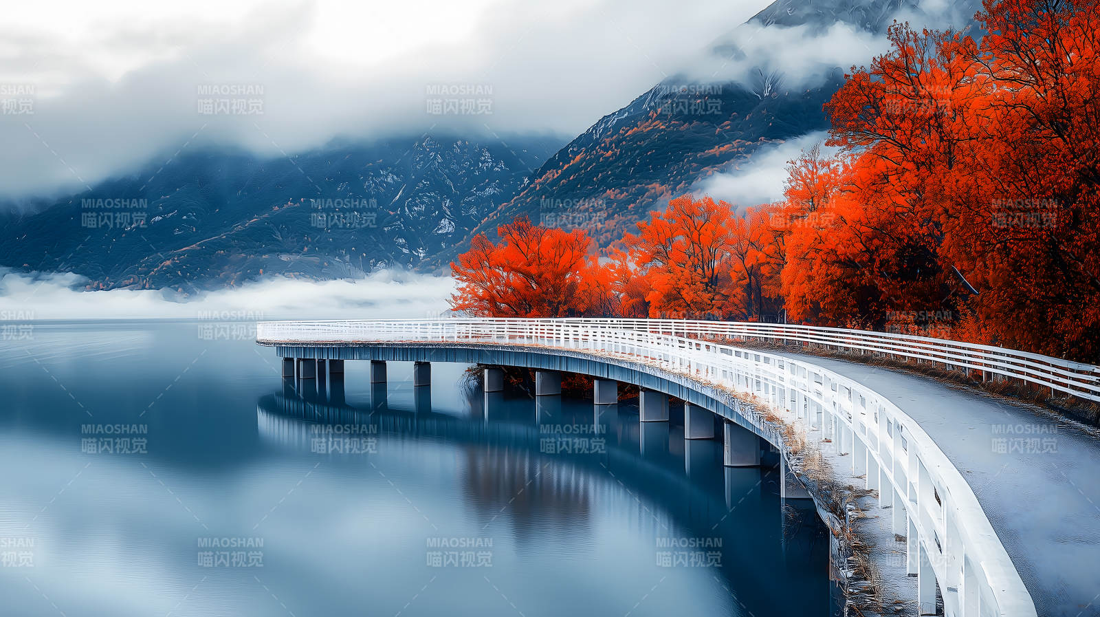 秋日湖光山色与桥图片