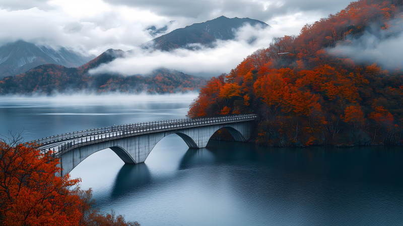 秋日湖光山色与桥图片