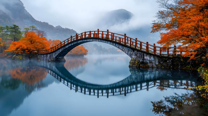 秋日湖光山色与桥图片