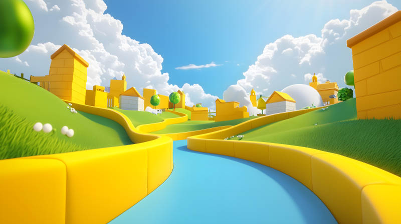 蓝天白云下色彩明快的卡通风格村落景象图片