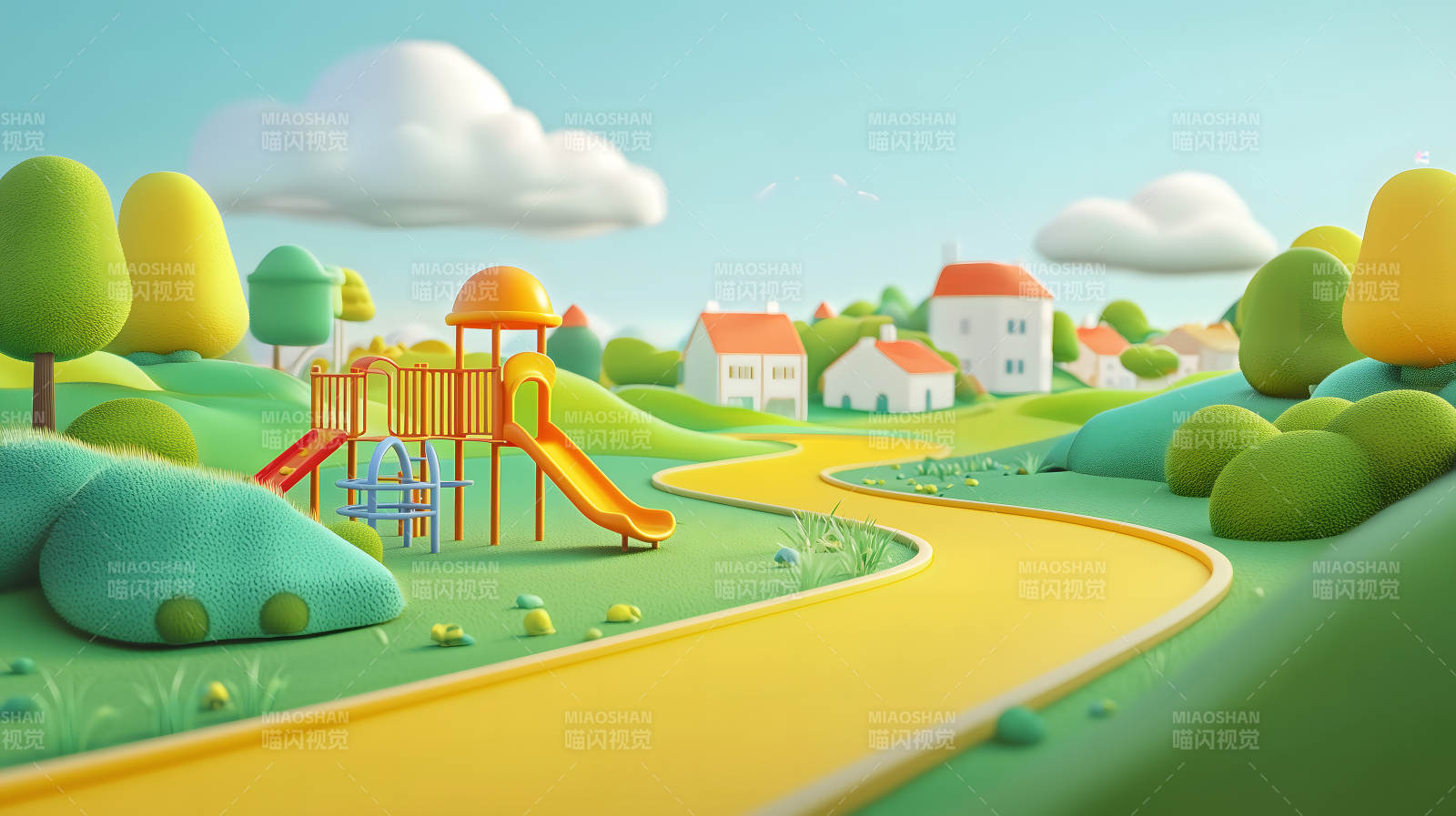 蓝天白云下色彩明快的卡通风格村落景象图片