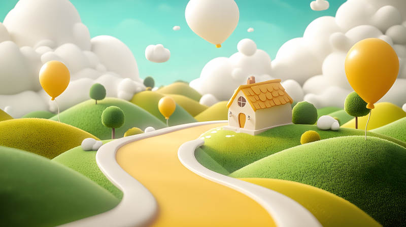 蓝天白云下色彩明快的卡通风格村落景象图片