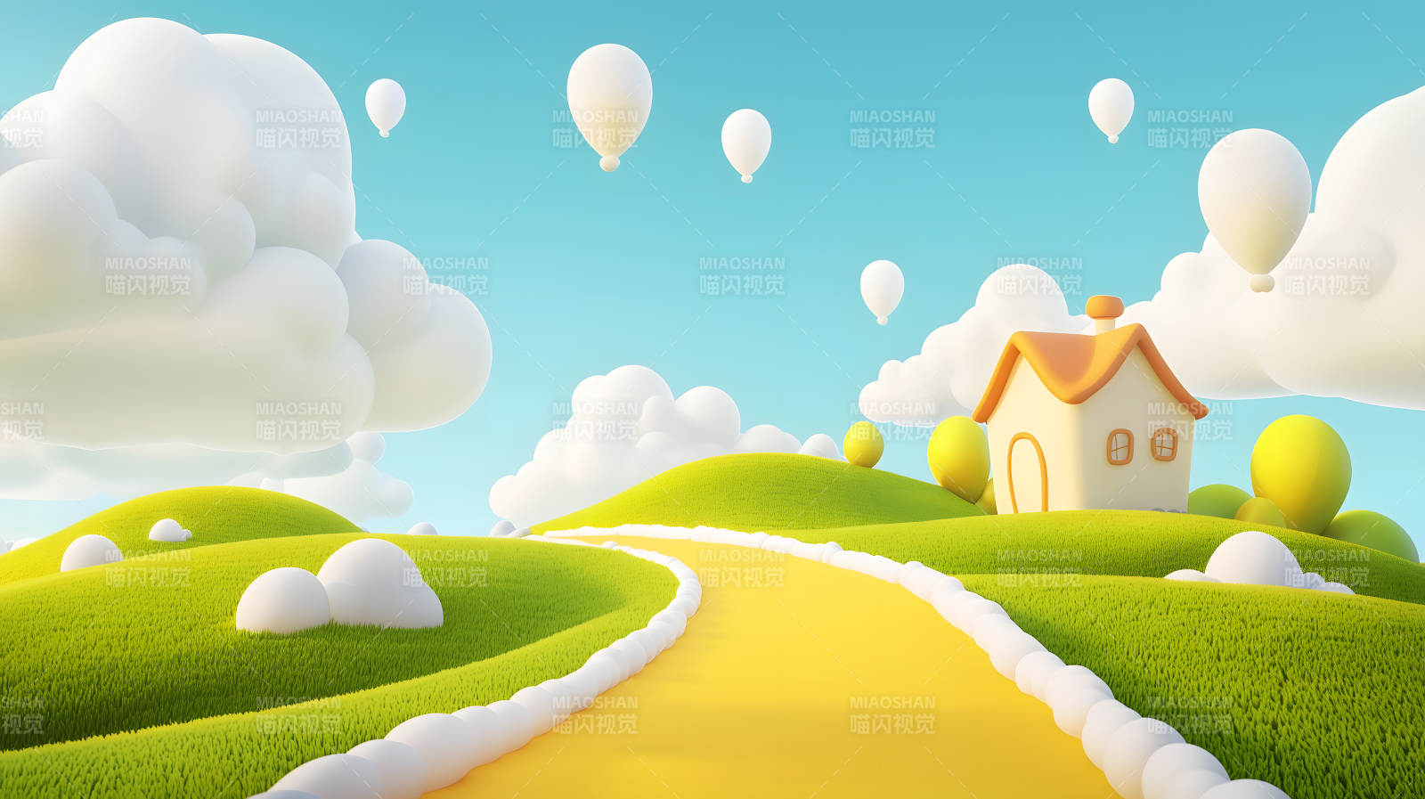 蓝天白云下色彩明快的卡通风格村落景象图片
